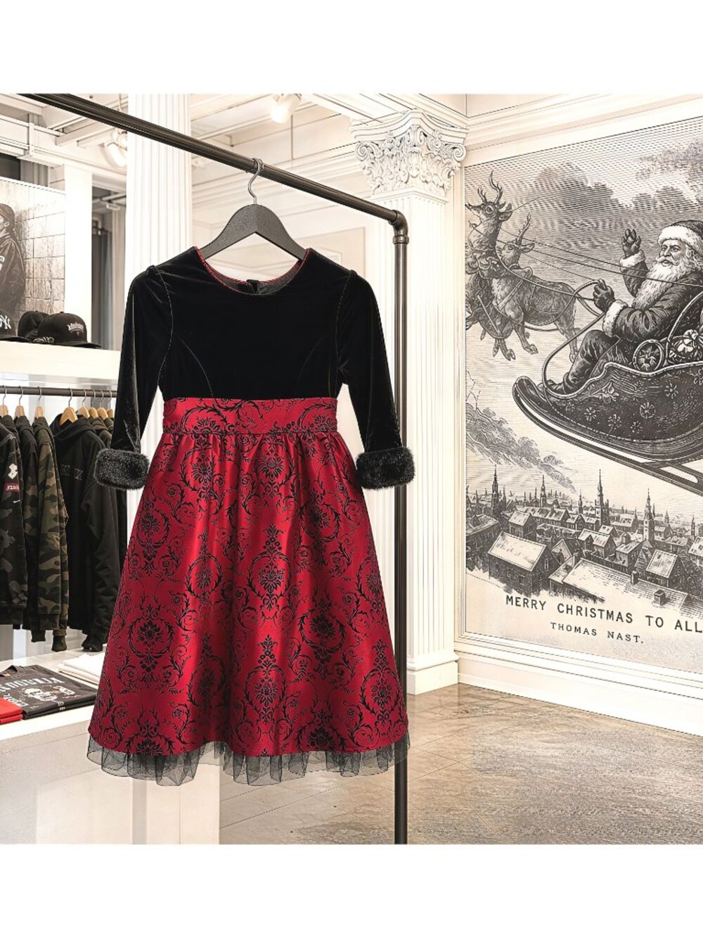 Jona Michelle Girls 12-14 Black Velvet Red Flocked Holiday Christmas Dress